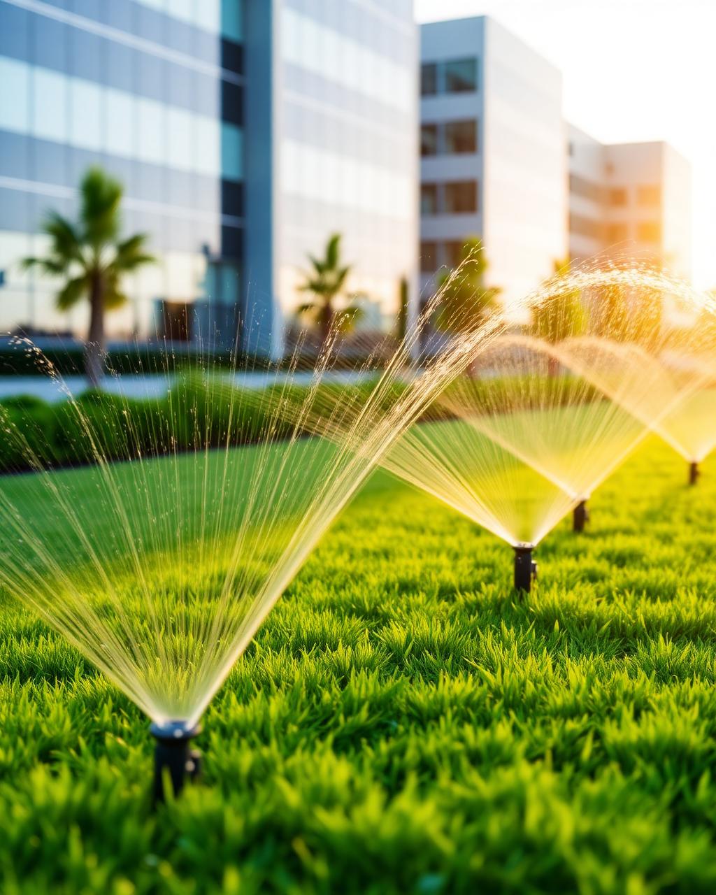 Commercial irrigation system watering corporate lawn at golden hour