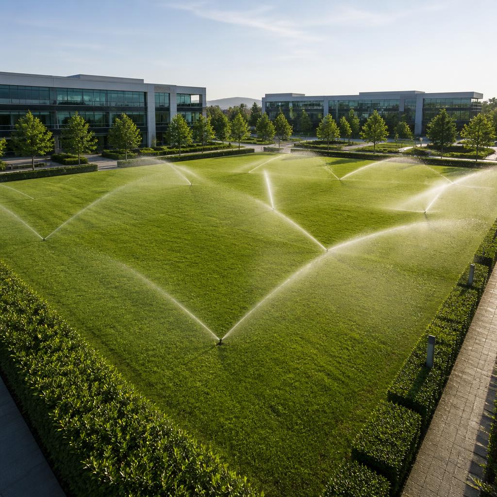 Aerial view of corporate campus lawn watered by synchronized pop-up sprinklers in morning light