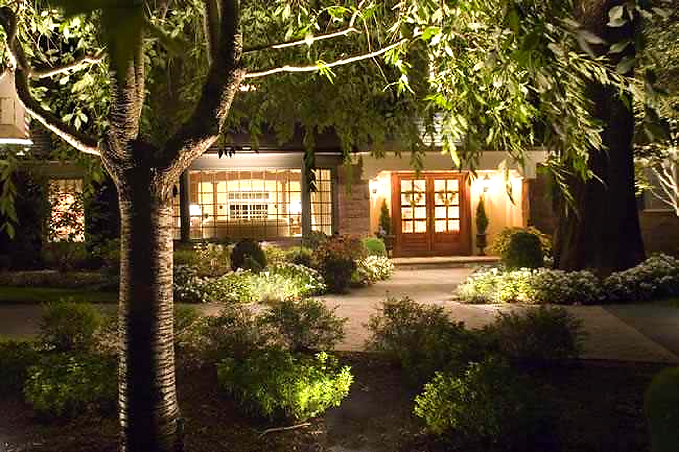 Front entry softly washed in warm light beneath mature canopy