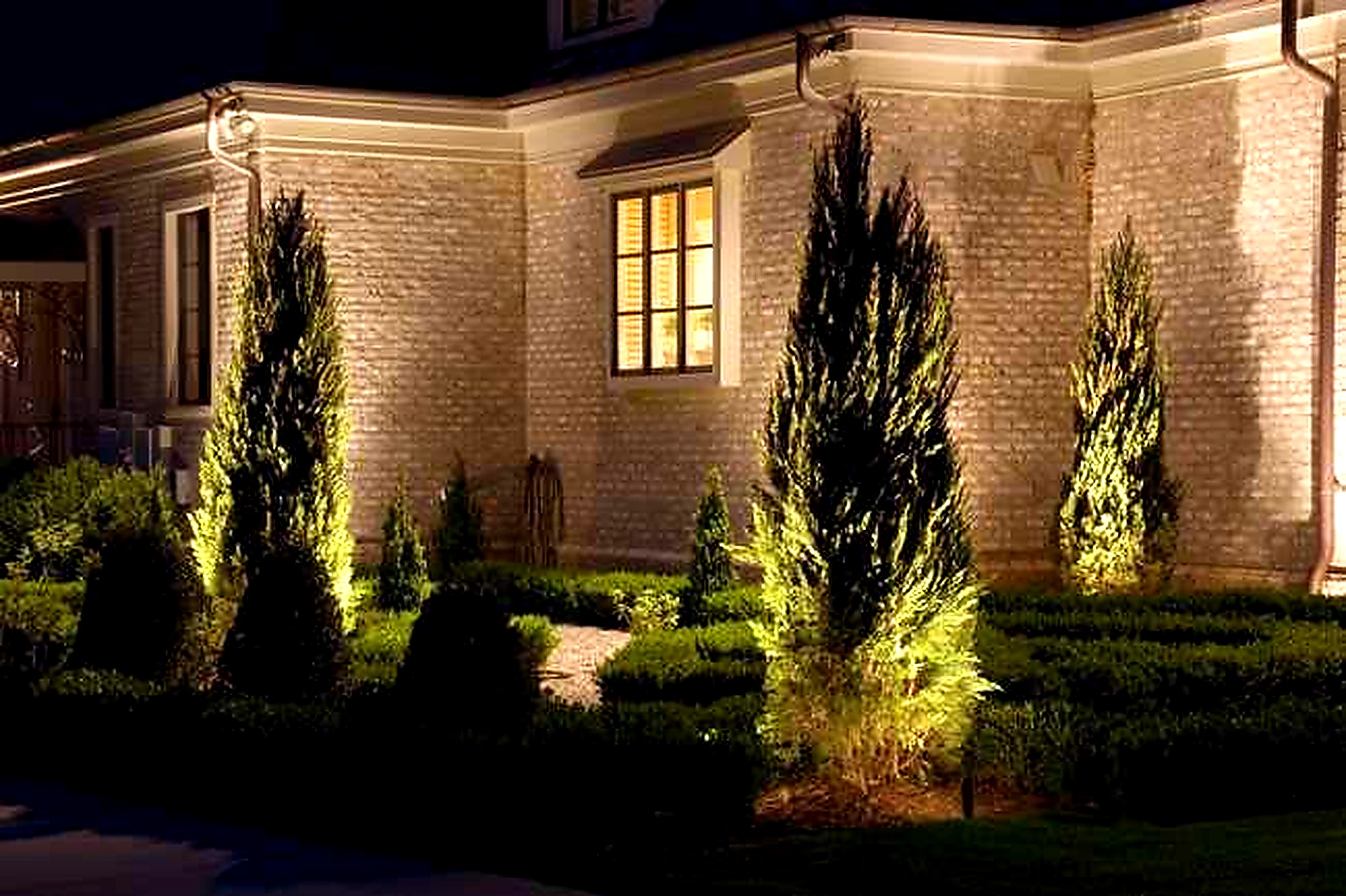 Brick façade with manicured boxwood parterre under cypress uplights